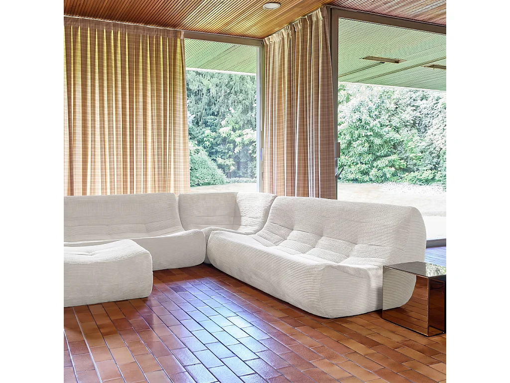 Canapé d'angle modulable 7 places avec repose pied velours côtelé crème - Sokol
