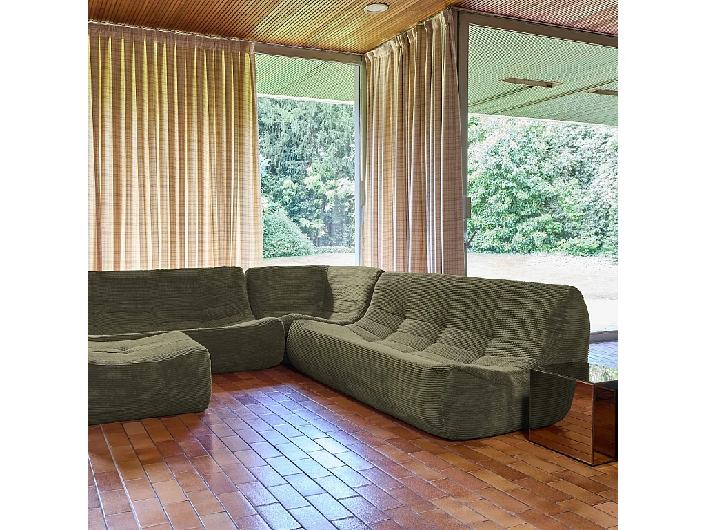 Canapé d'angle modulable 7 places avec repose pied velours côtelé kaki - Sokol