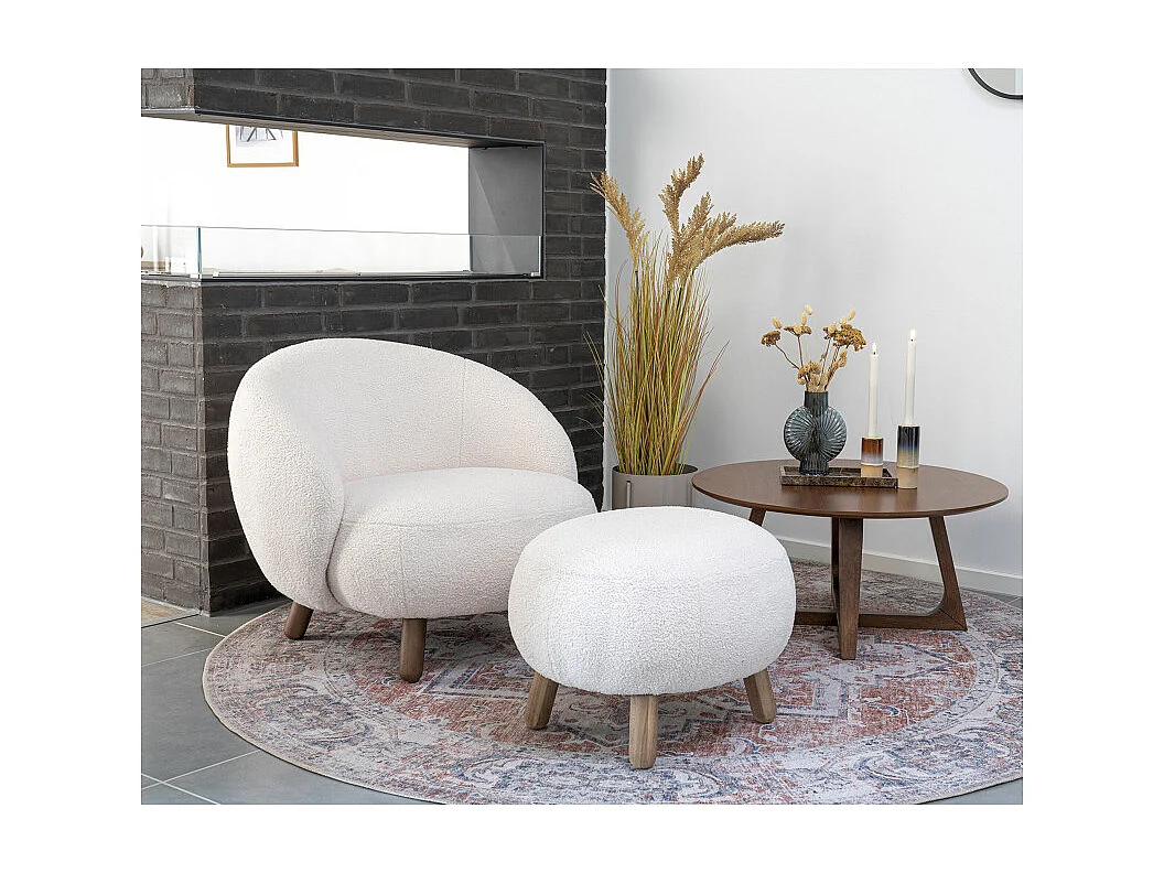 MIMI-Repose-pied en tissu bouclé écru et bois