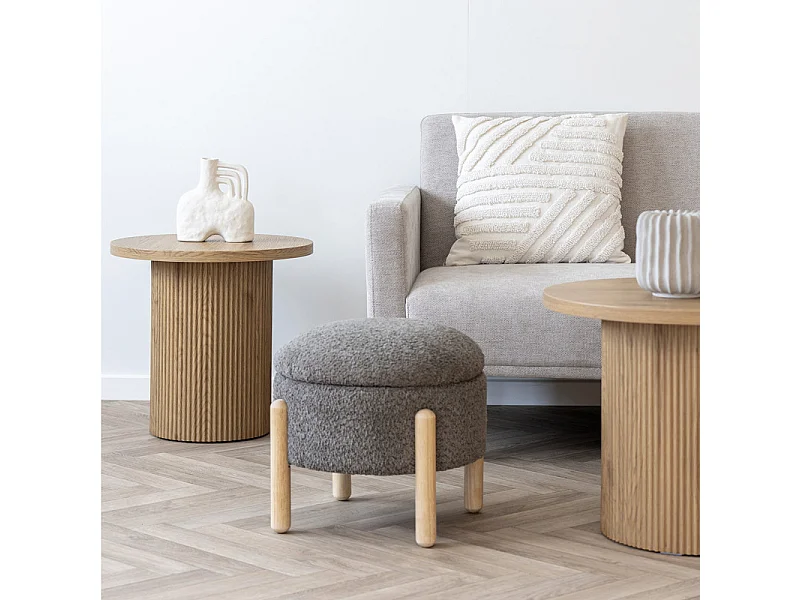 BOJO- Pouf avec rangement en tissu bouclé marron et bois ø45 cm