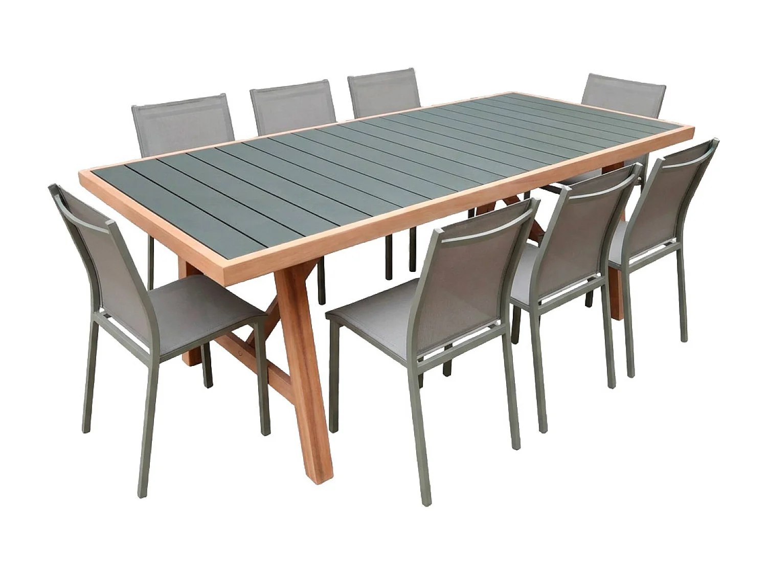 Set tavolo da giardino in legno di hevea e alluminio con 8 sedie,