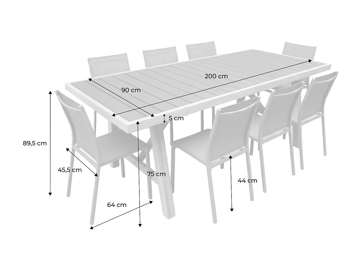 Set tavolo da giardino in legno di hevea e alluminio con 8 sedie,