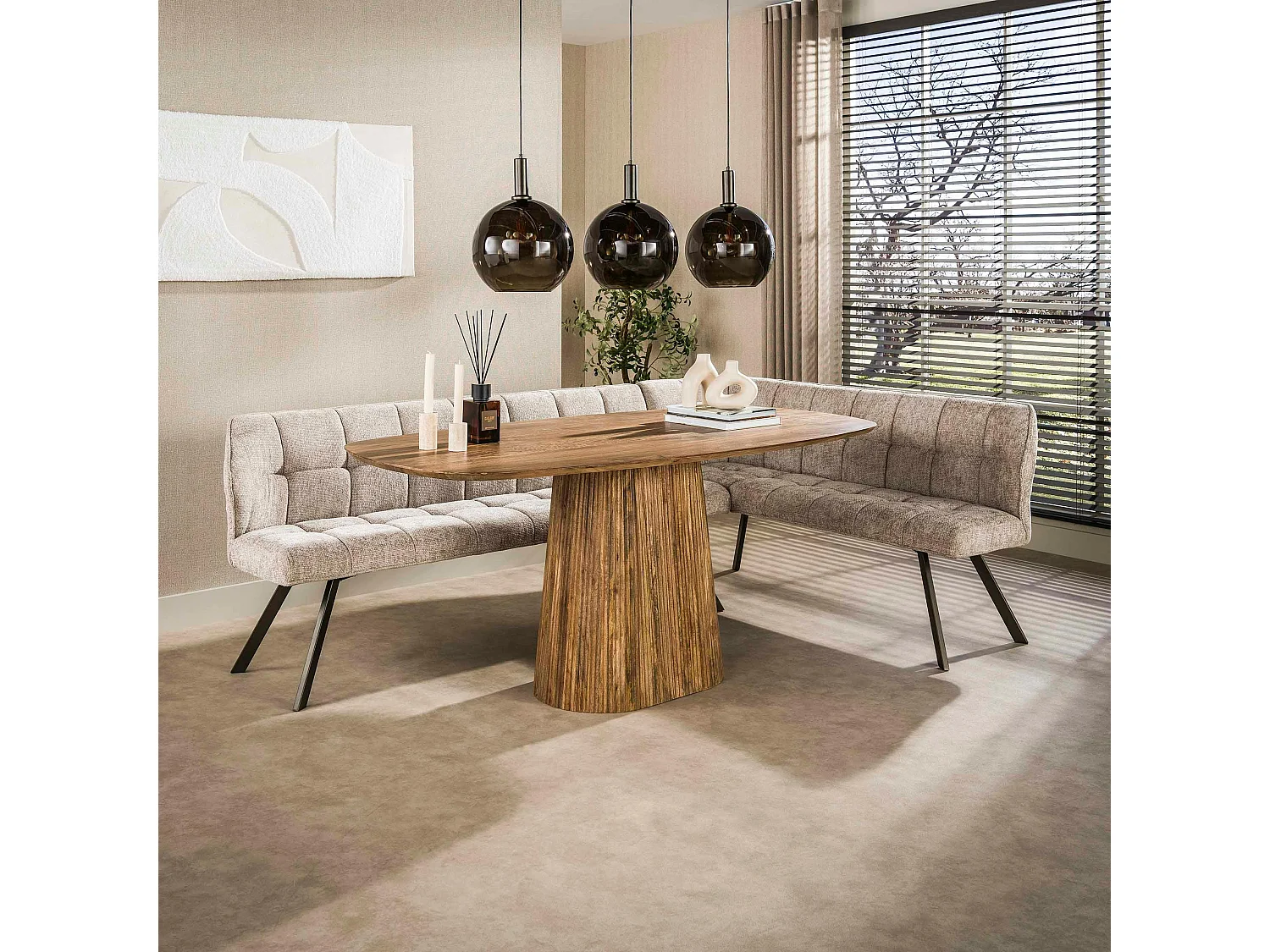 Banc de table tissu doux sable, angle droit MELBOURNE