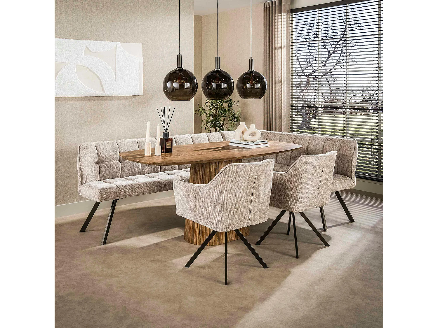 Banc de table tissu doux sable, angle droit MELBOURNE