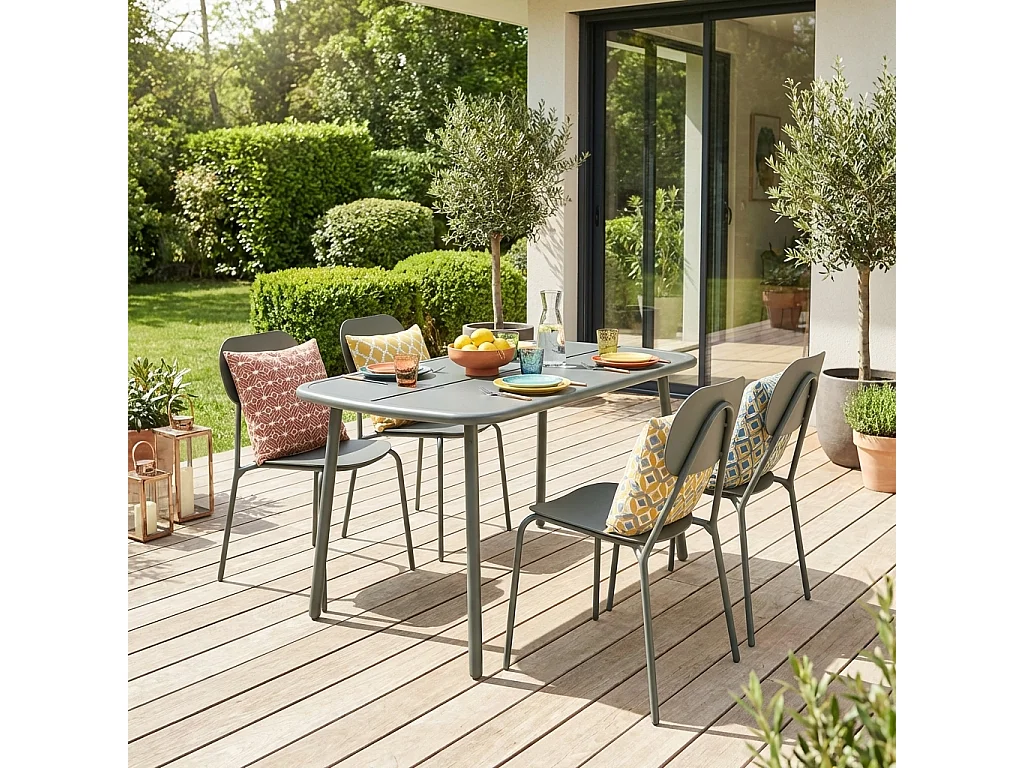 Conjunto mesa de jardín de aluminio, 4 sillas verde kaki
