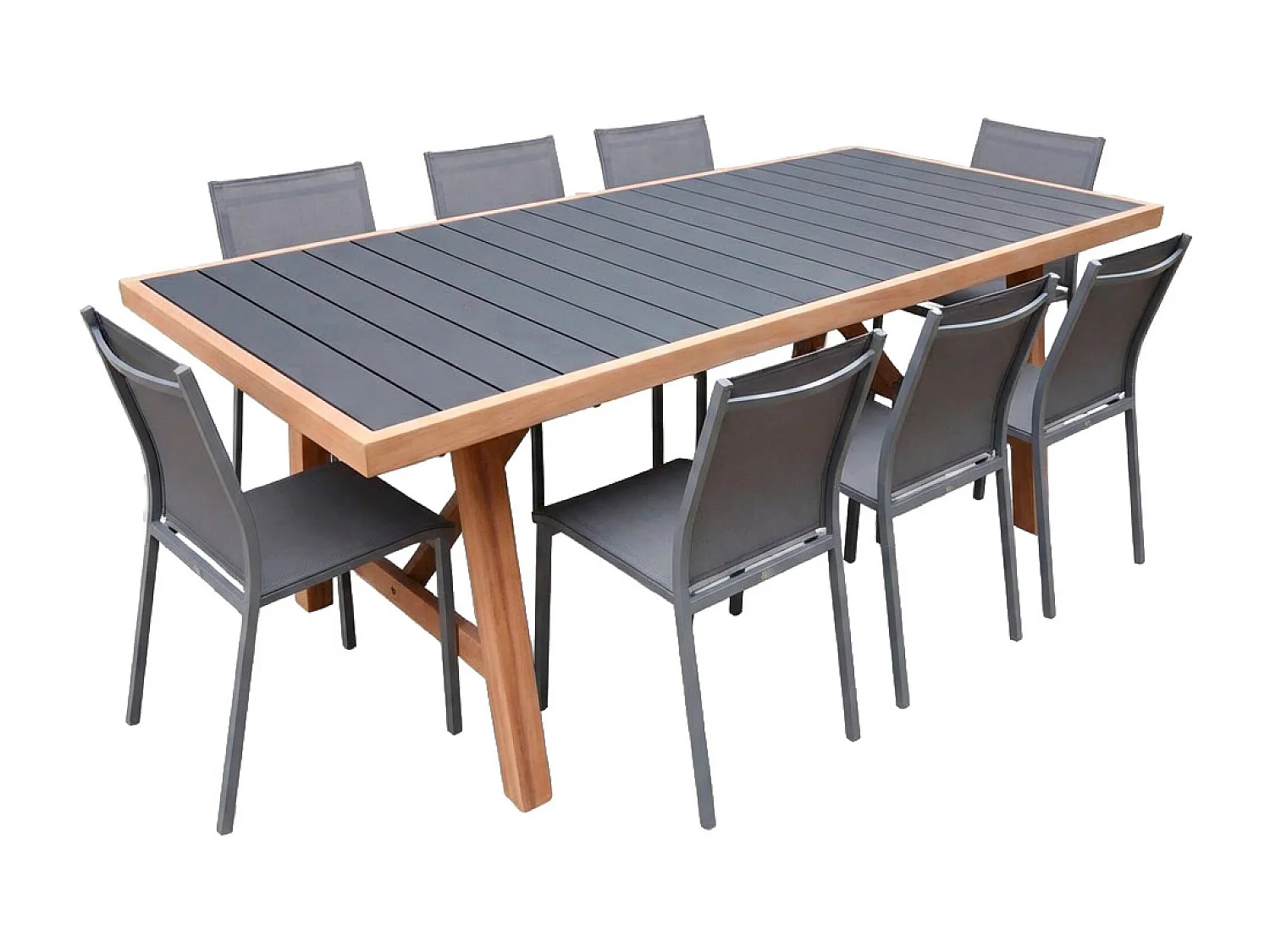 Set tavolo da giardino in legno di hevea e alluminio con 8 sedie,