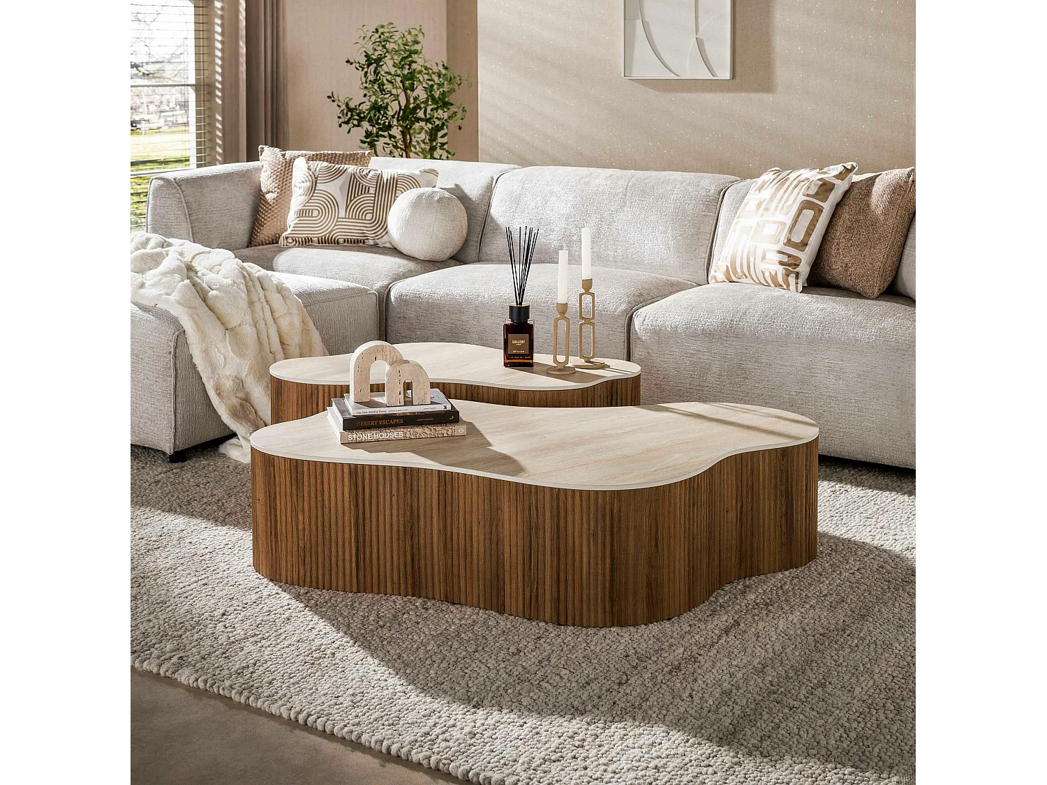 Table basse céramique 3D pied rainuré 135 cm (lot de 2) MAHAL
