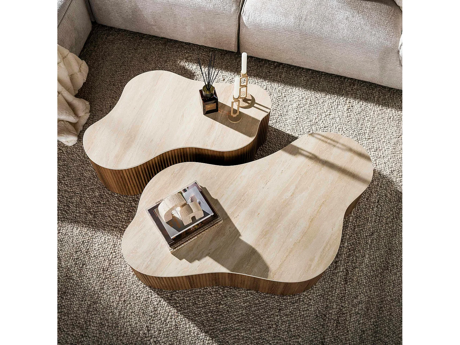 Table basse céramique 3D pied rainuré 135 cm (lot de 2) MAHAL