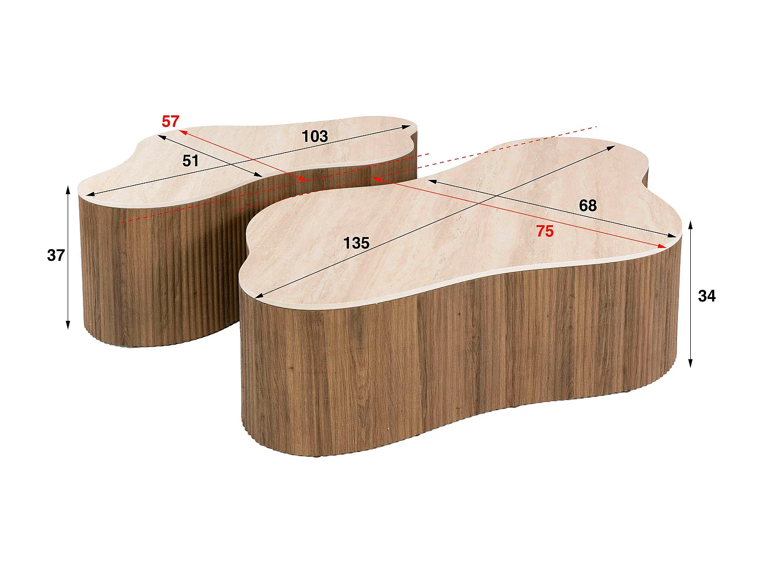 Table basse céramique 3D pied rainuré 135 cm (lot de 2) MAHAL