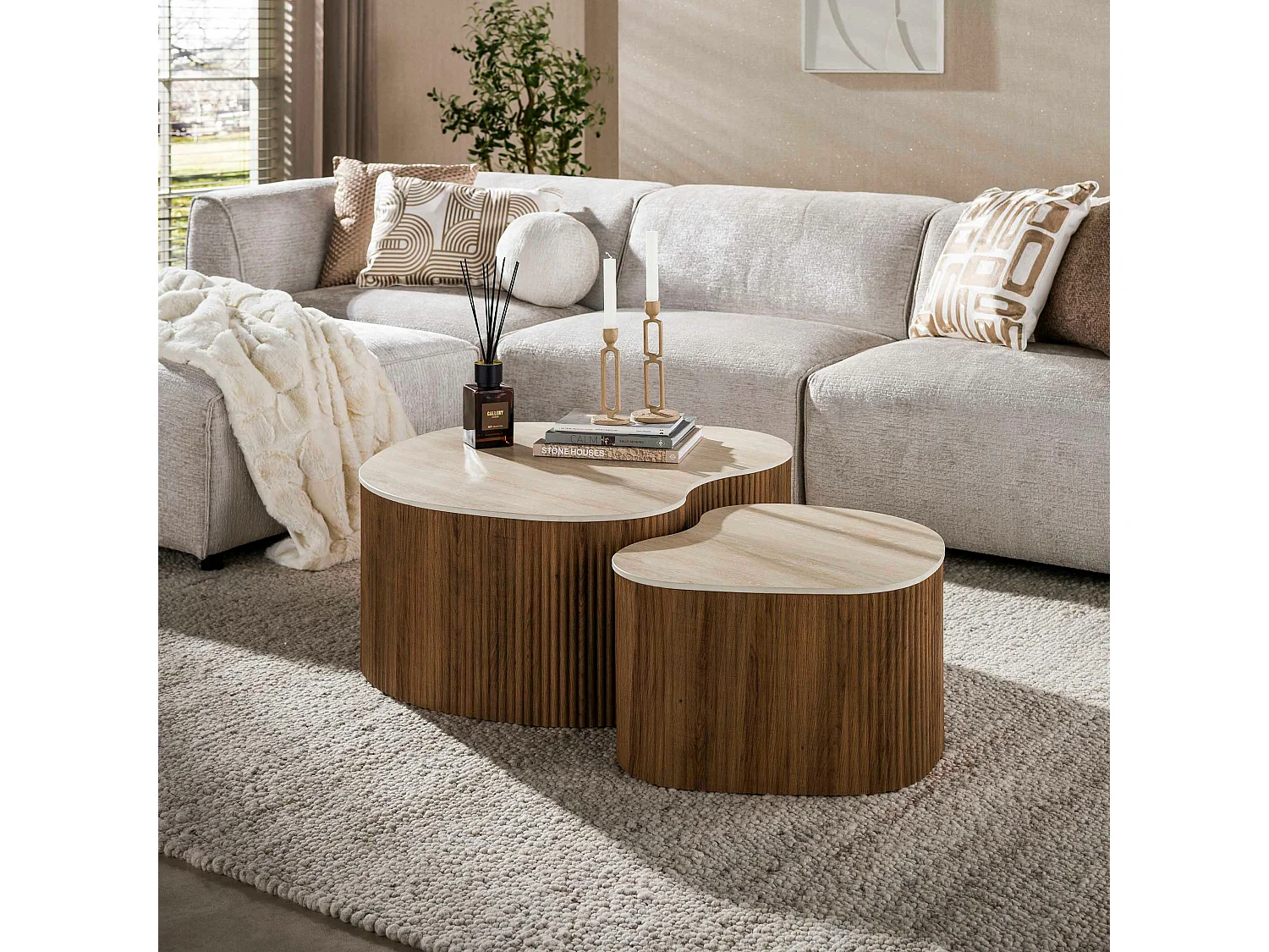 Table basse céramique 3D à pied rainuré (lot de 2) MAHAL