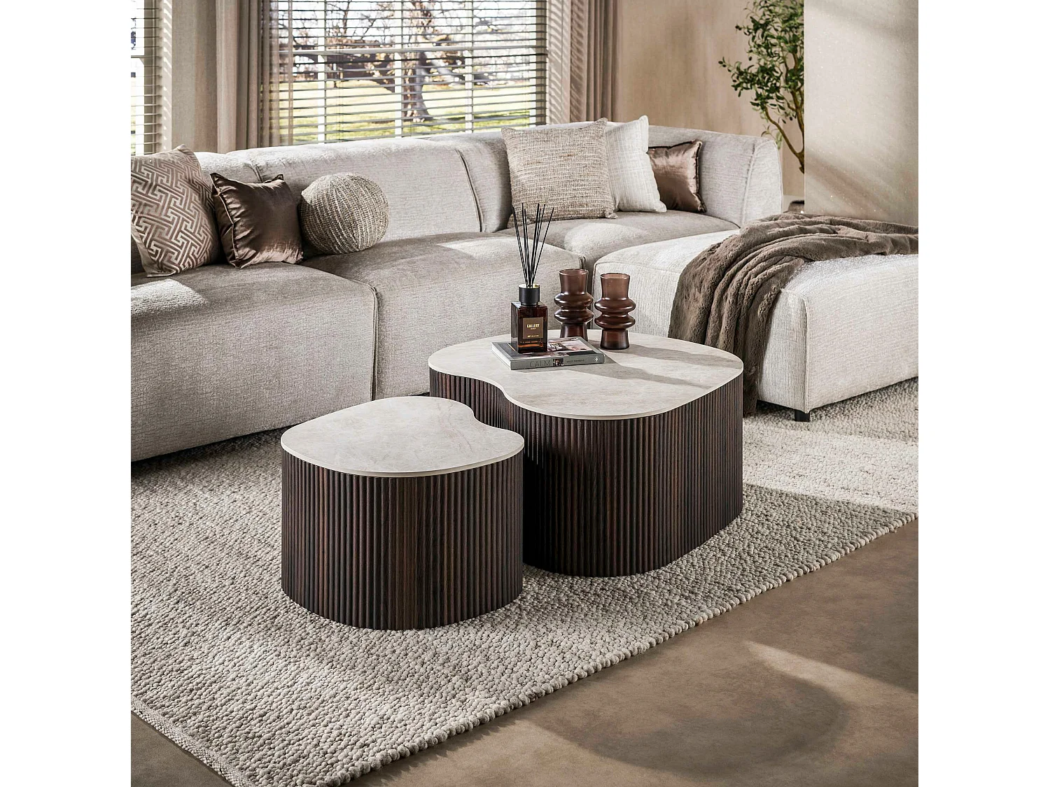 Table basse céramique 3D pied foncé (lot de 2) MAHAL