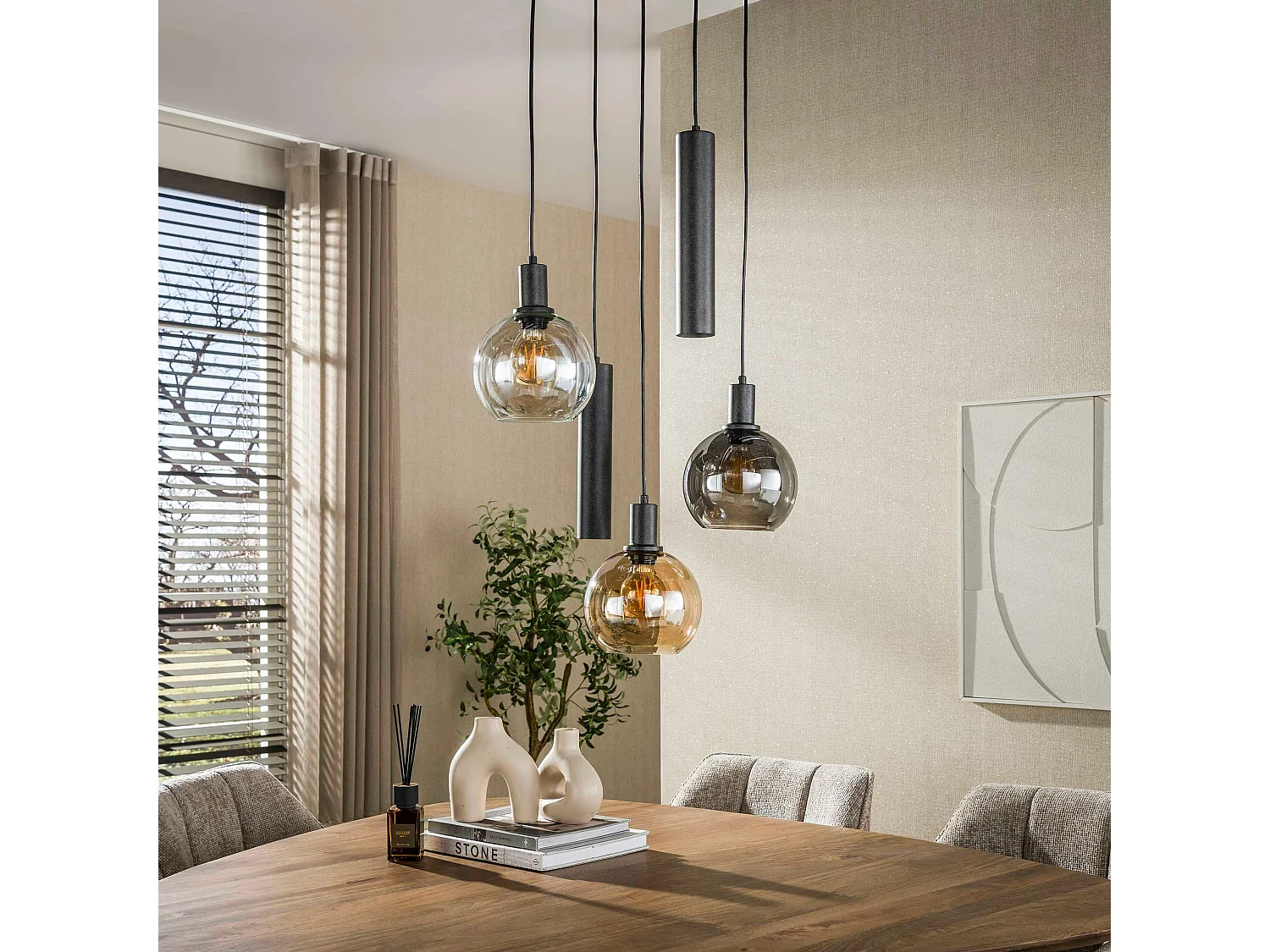 Suspension grande hauteur verre tricolore métal 5 lampes NOVA