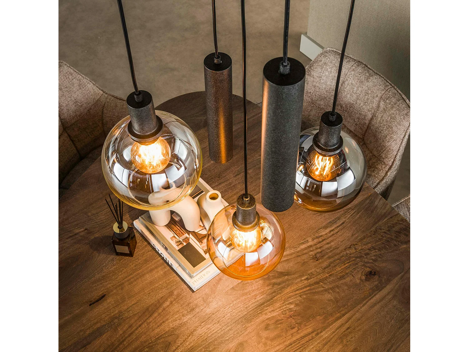 Suspension grande hauteur verre tricolore métal 5 lampes NOVA