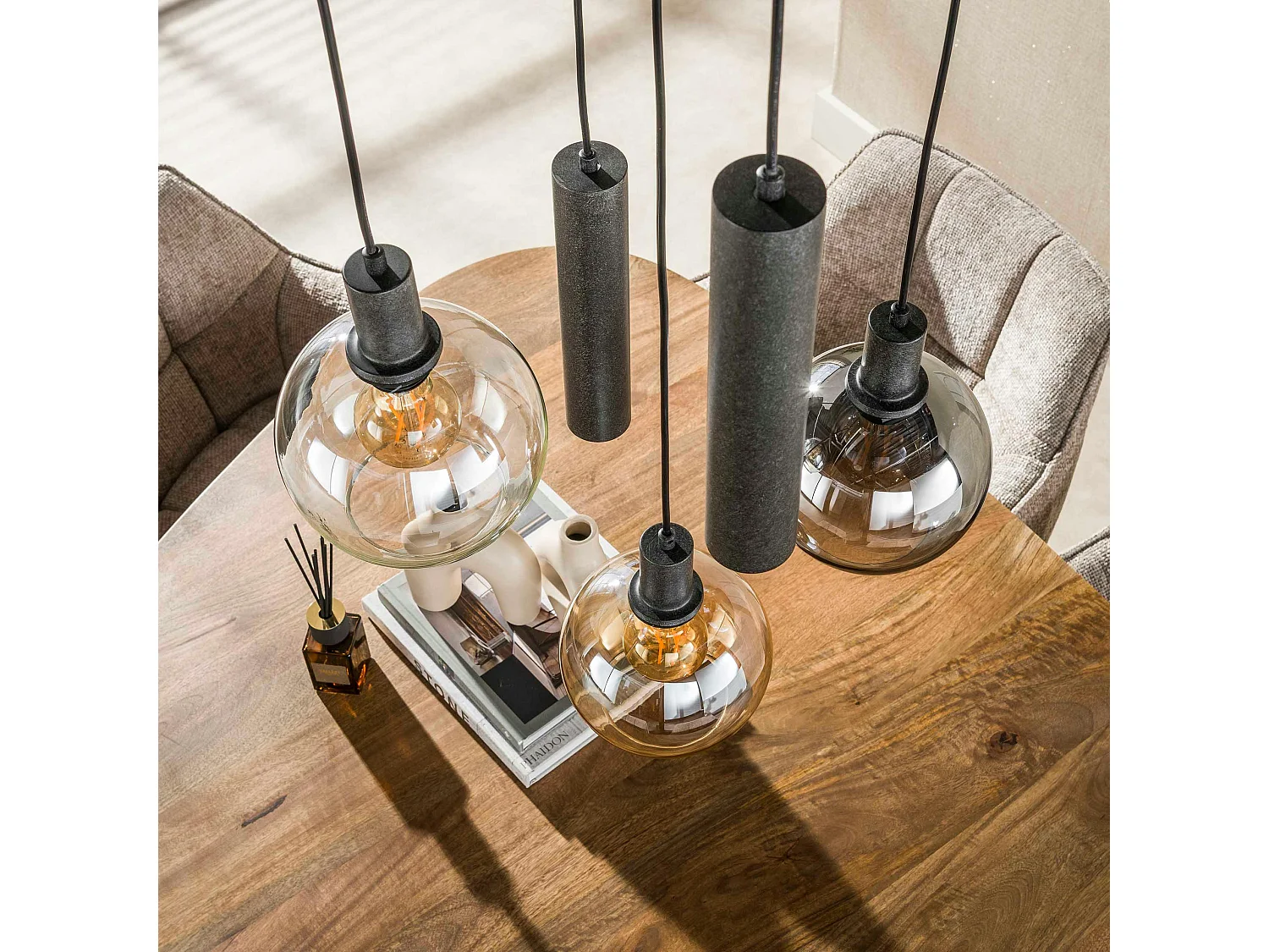 Suspension grande hauteur verre tricolore métal 5 lampes NOVA