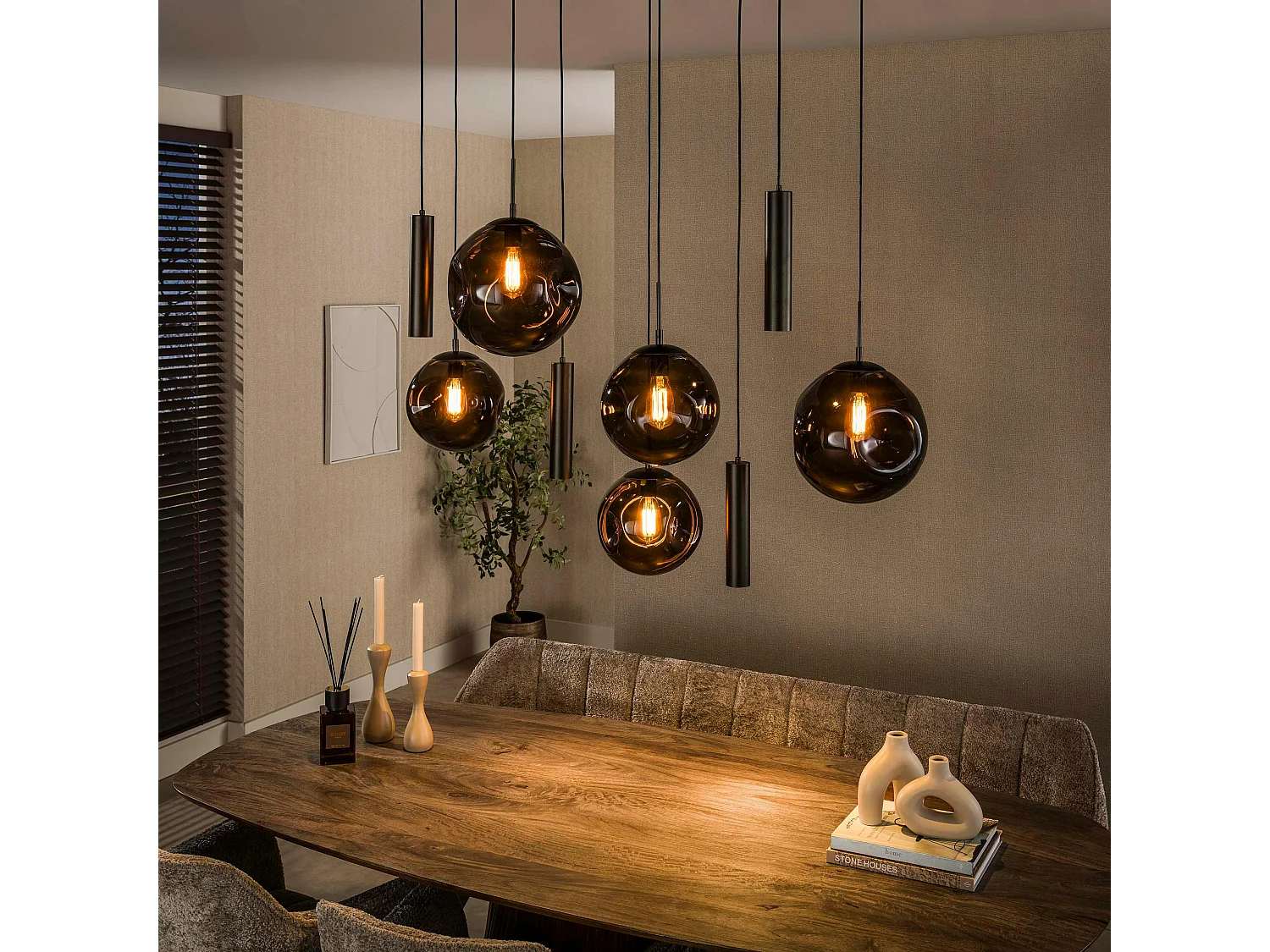 Suspension de table verre brun métal bronze 9 lampes NIAGARA