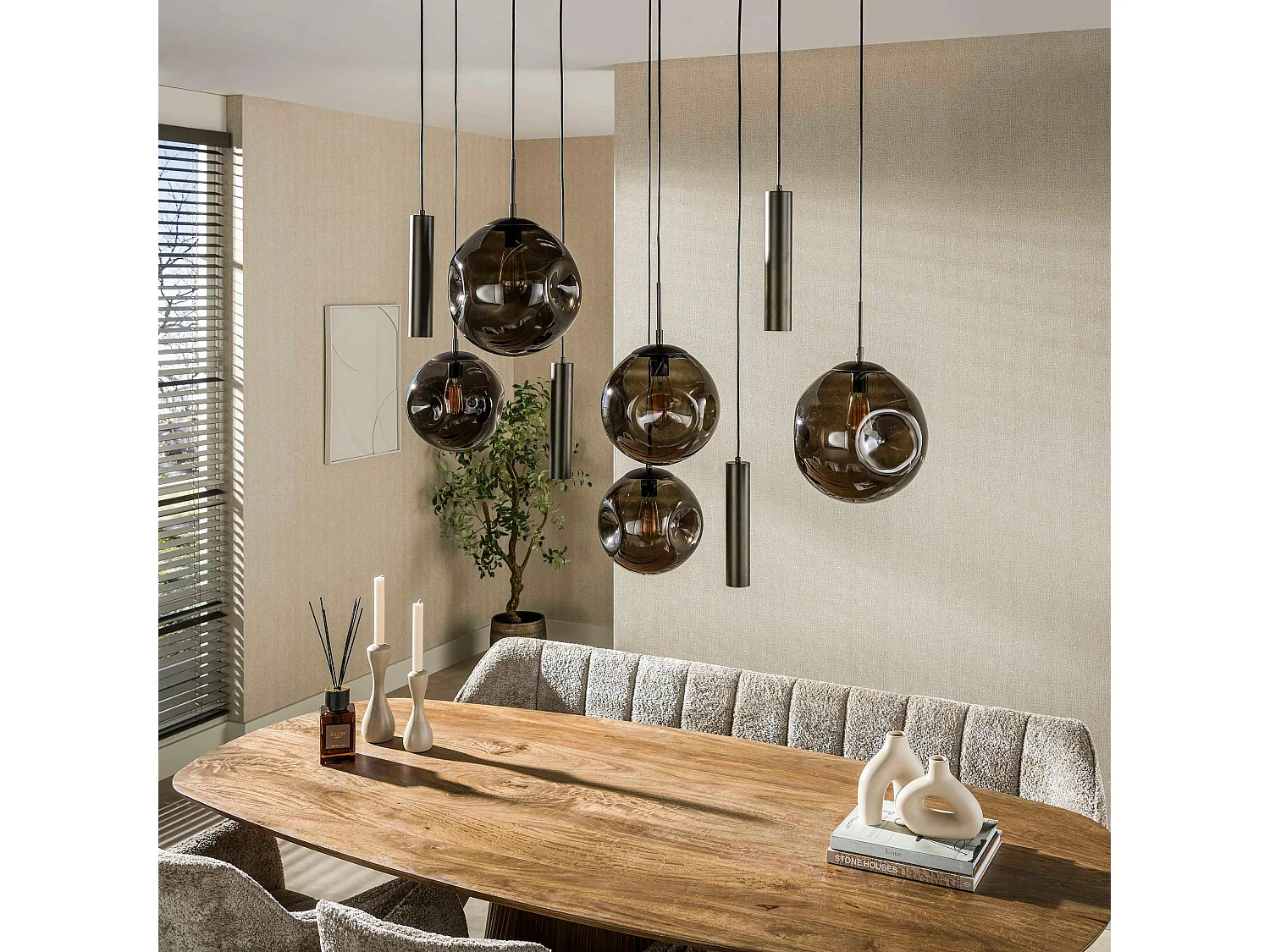 Suspension de table verre brun métal bronze 9 lampes NIAGARA