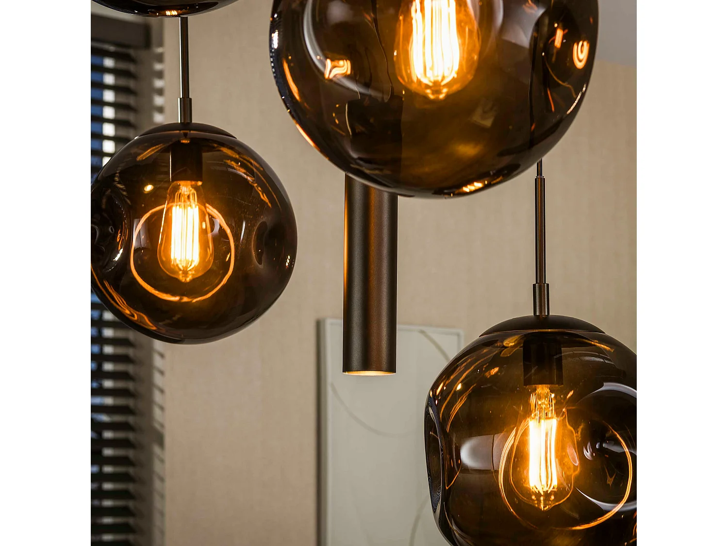 Suspension de table verre brun métal bronze 9 lampes NIAGARA