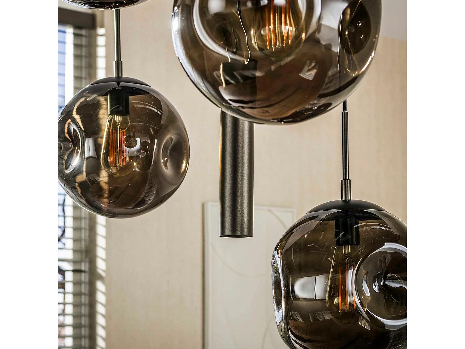 Suspension de table verre brun métal bronze 9 lampes NIAGARA