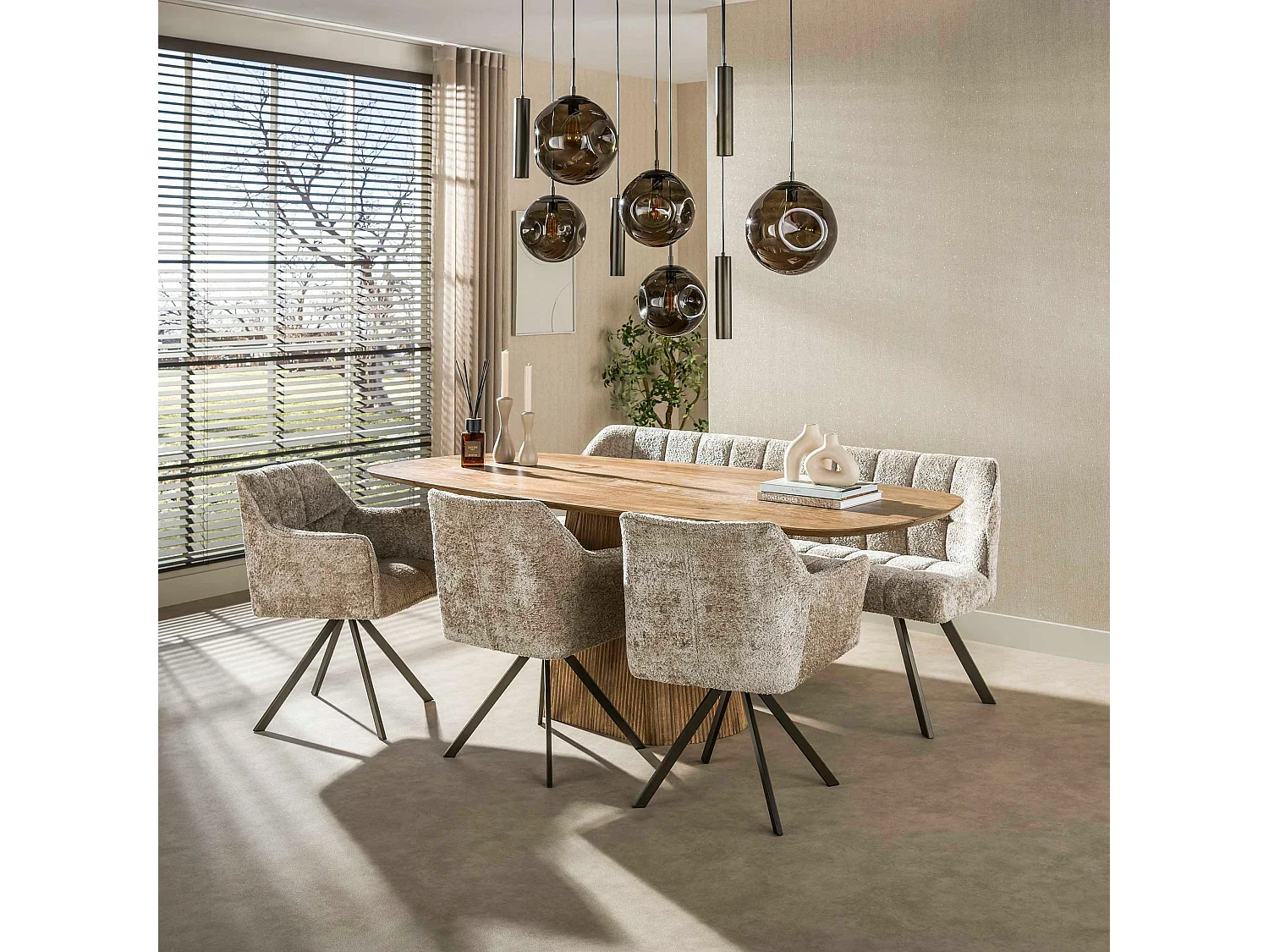 Suspension de table verre brun métal bronze 9 lampes NIAGARA