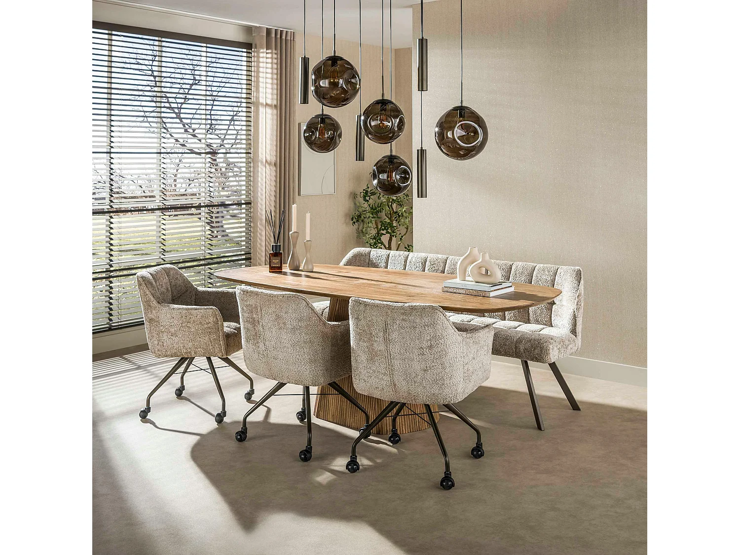Suspension de table verre brun métal bronze 9 lampes NIAGARA