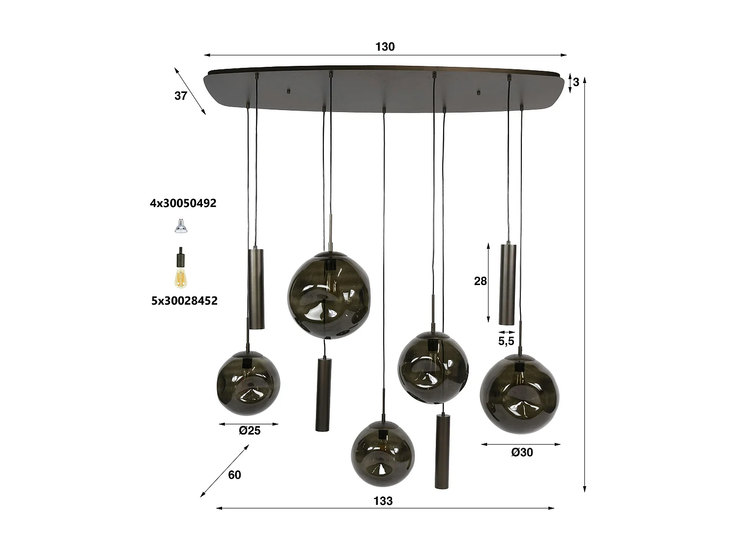 Suspension de table verre brun métal bronze 9 lampes NIAGARA