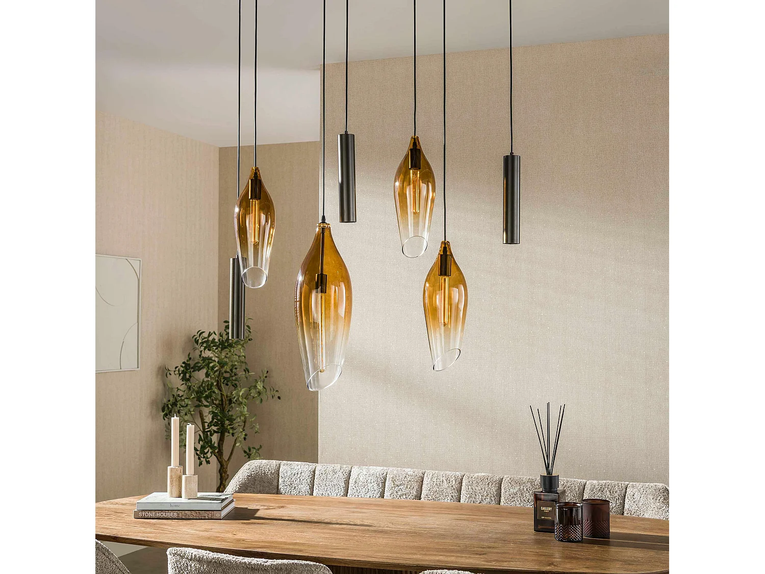Suspension îlot cuisine verre fumé métal bronze 7 lampes NIAGARA