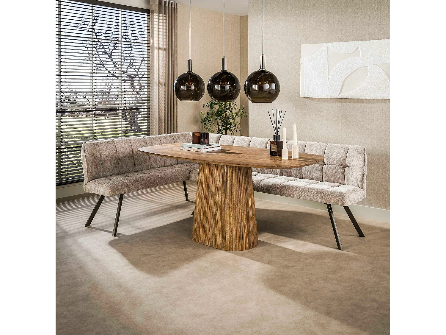 Banc de table tissu doux sable, angle gauche MELBOURNE