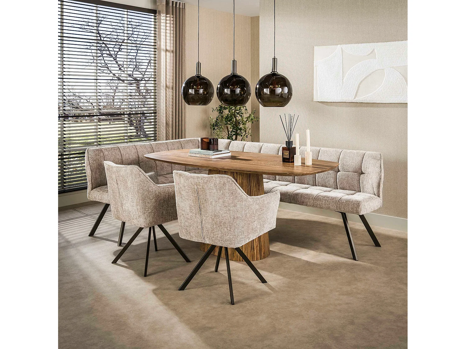 Banc de table tissu doux sable, angle gauche MELBOURNE