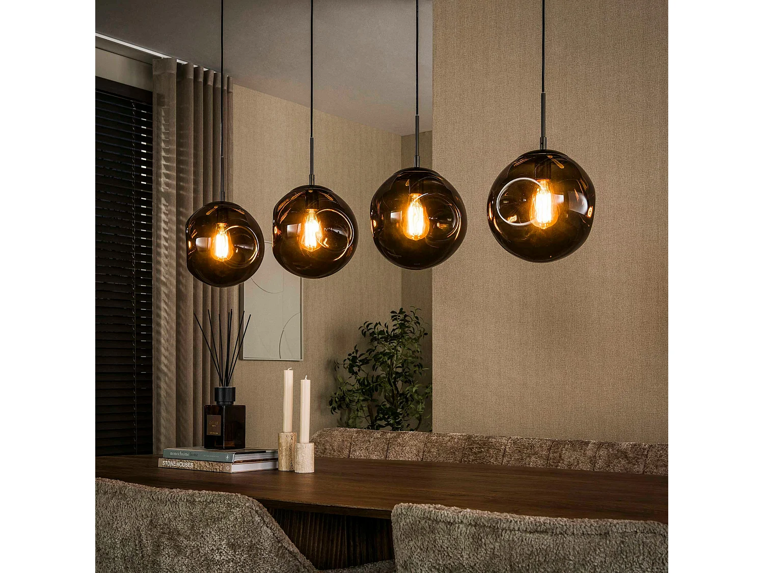 Suspension îlot cuisine vintage 4 globes verre brun NIAGARA