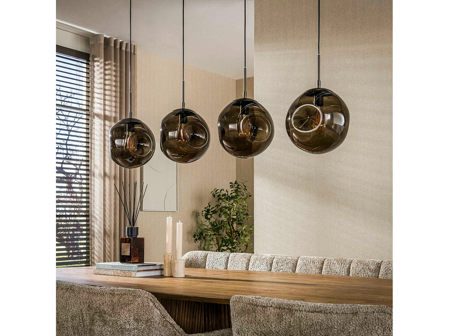 Suspension îlot cuisine vintage 4 globes verre brun NIAGARA