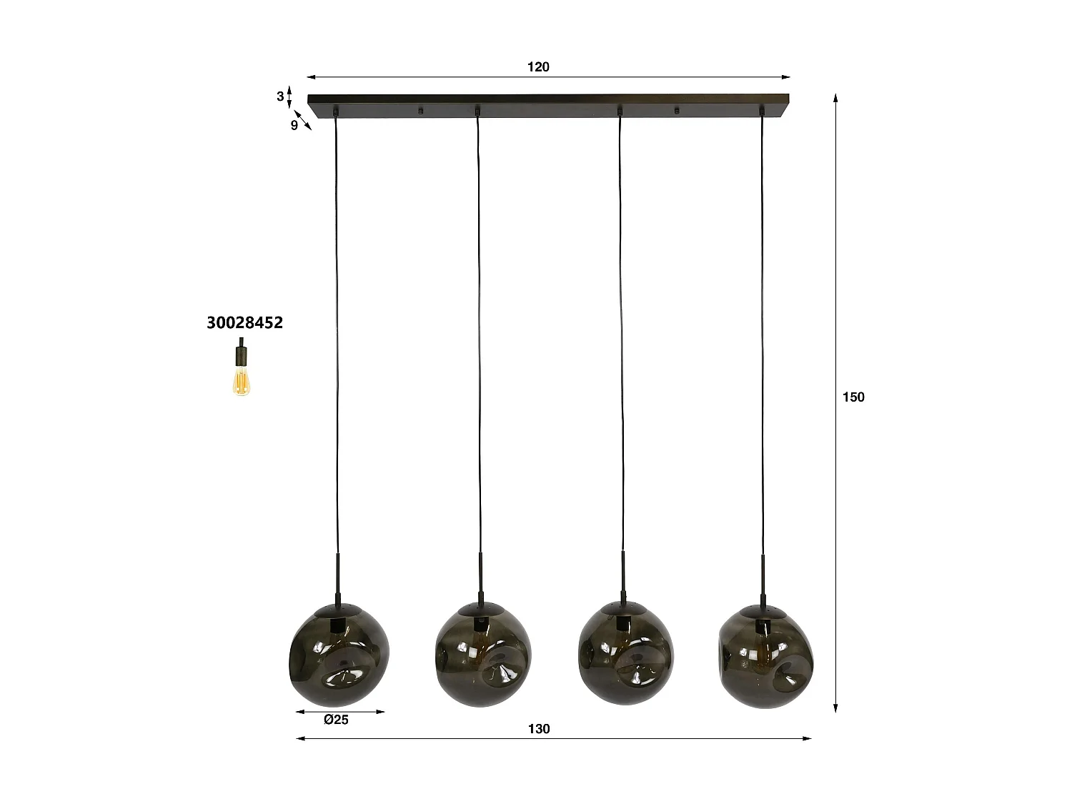 Suspension îlot cuisine vintage 4 globes verre brun NIAGARA