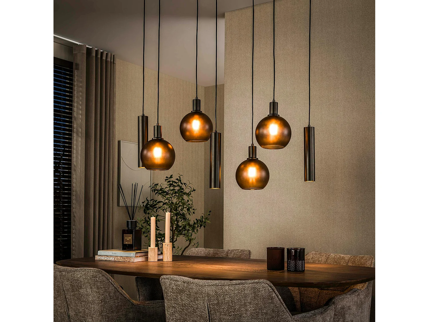 Suspension îlot cuisine verre brun givré métal bronze 7 lampes NOVA