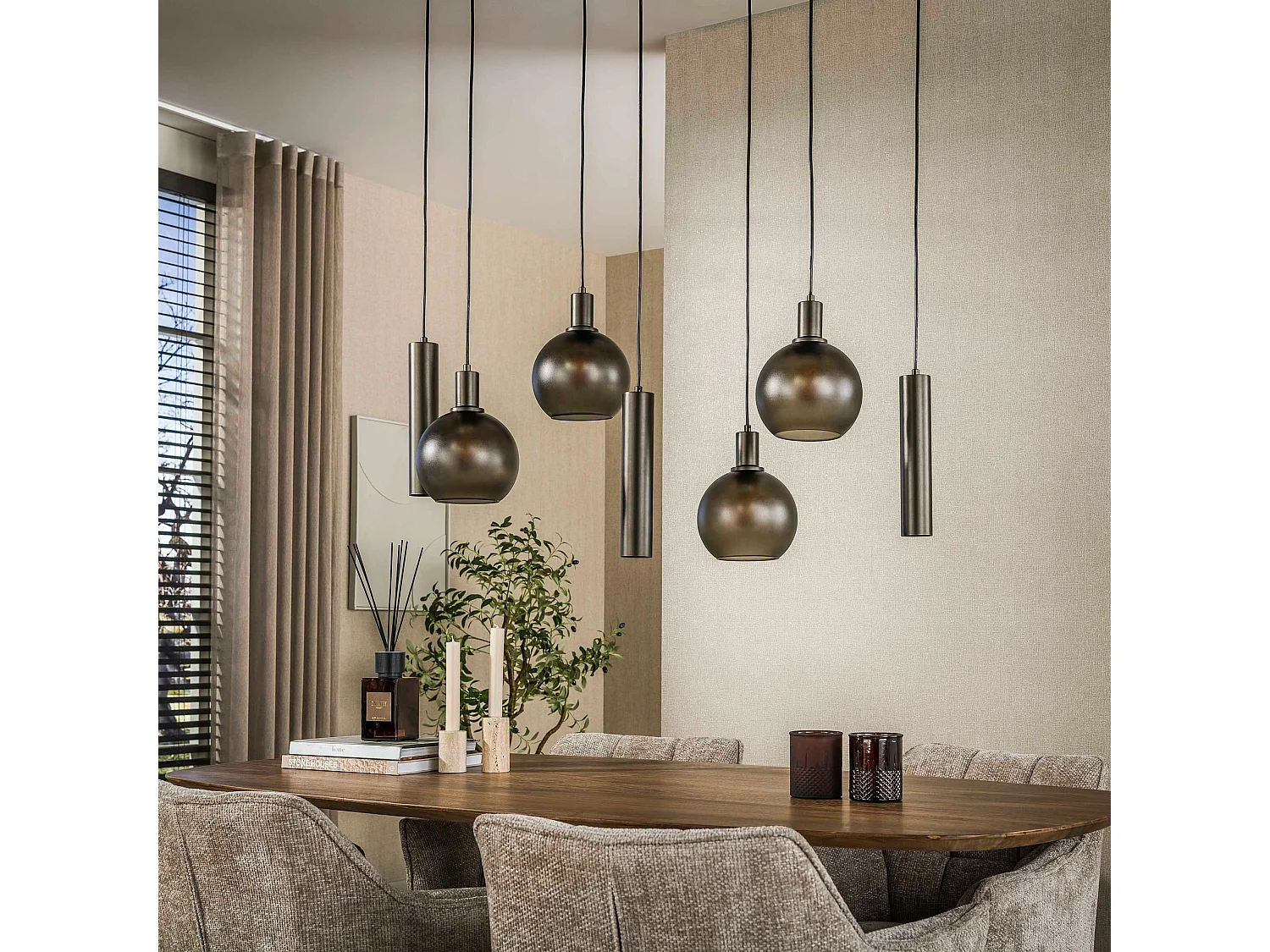 Suspension îlot cuisine verre brun givré métal bronze 7 lampes NOVA