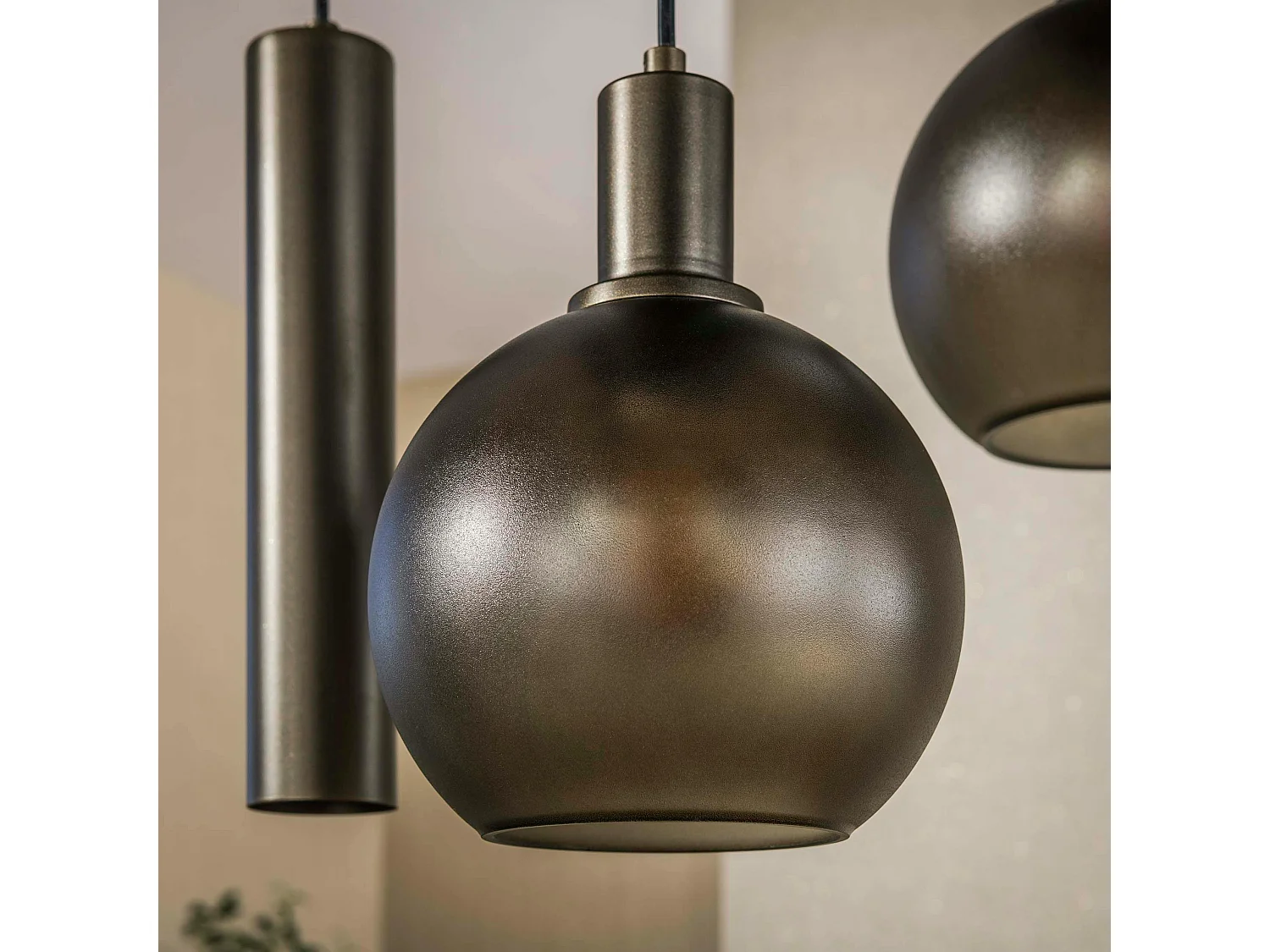 Suspension îlot cuisine verre brun givré métal bronze 7 lampes NOVA