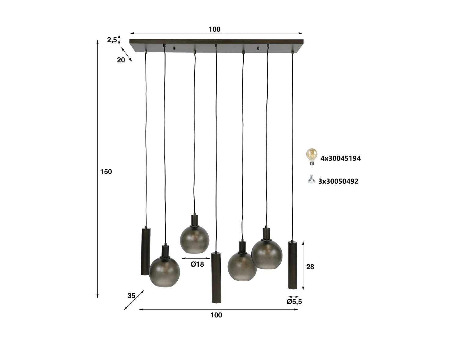 Suspension îlot cuisine verre brun givré métal bronze 7 lampes NOVA