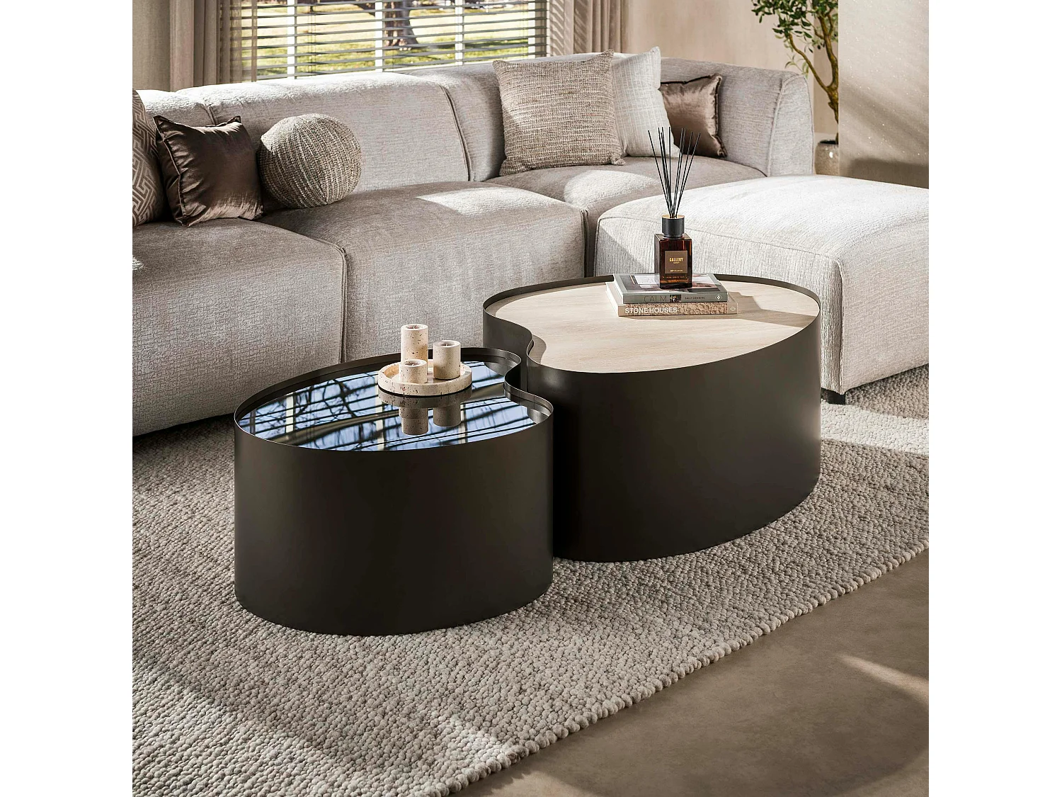 Table basse design organique céramique verre fumé (lot de 2) MAHAL