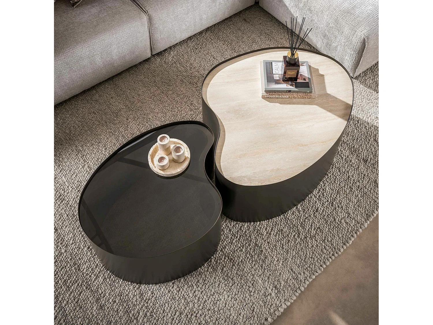 Table basse design organique céramique verre fumé (lot de 2) MAHAL