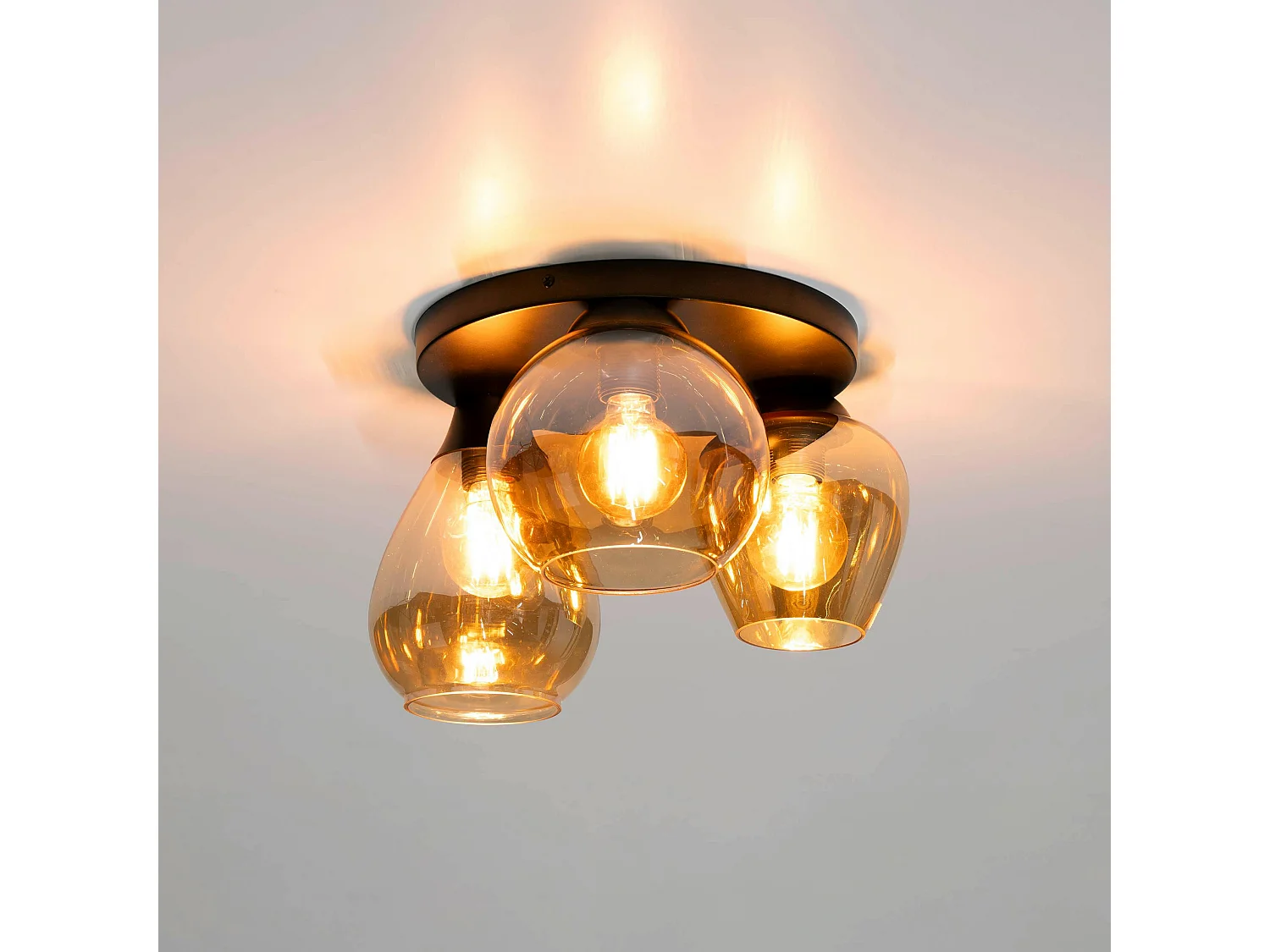 Plafonnier verre ambré métal bronze 3 lampes NOVA