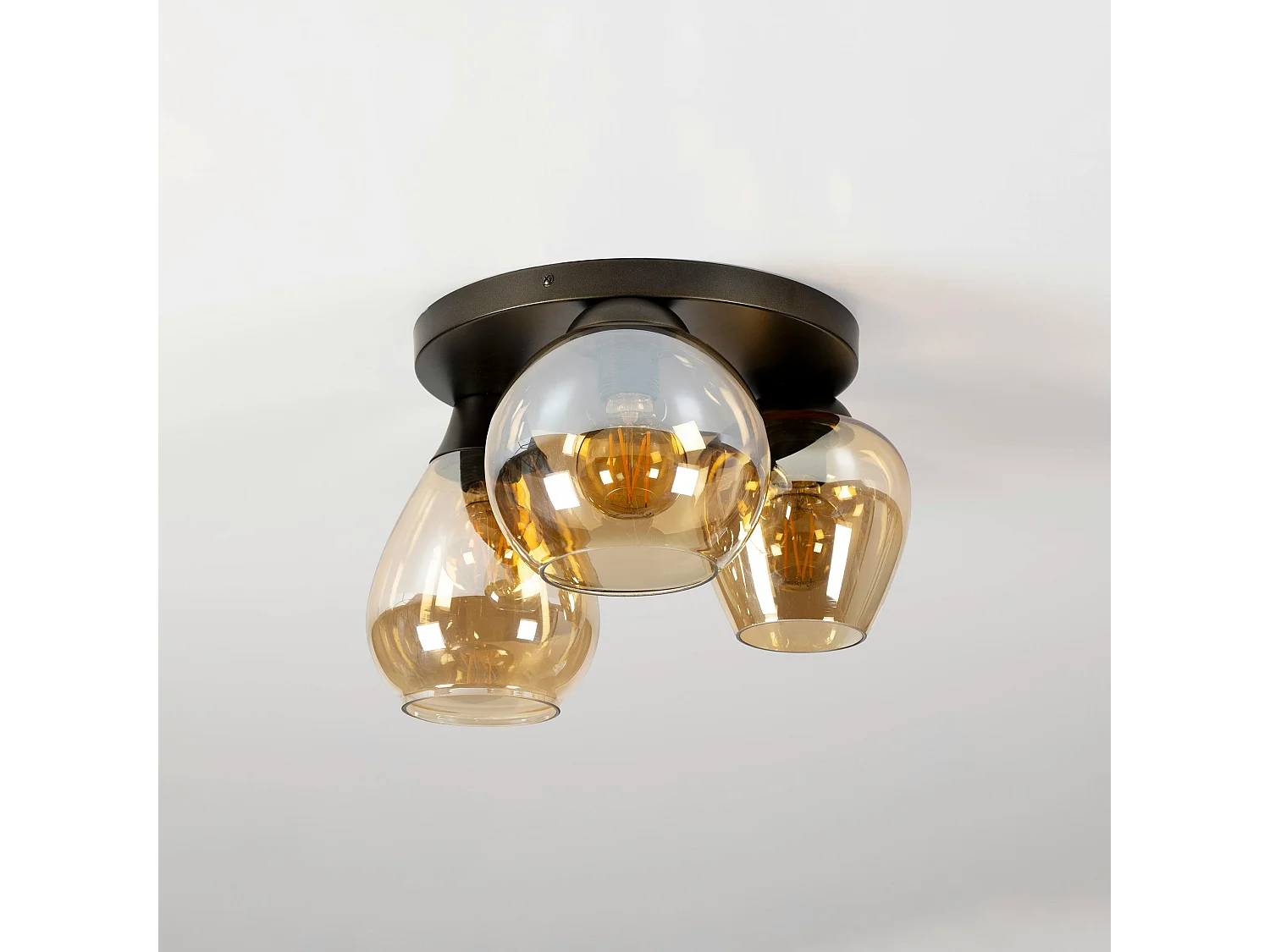Plafonnier verre ambré métal bronze 3 lampes NOVA