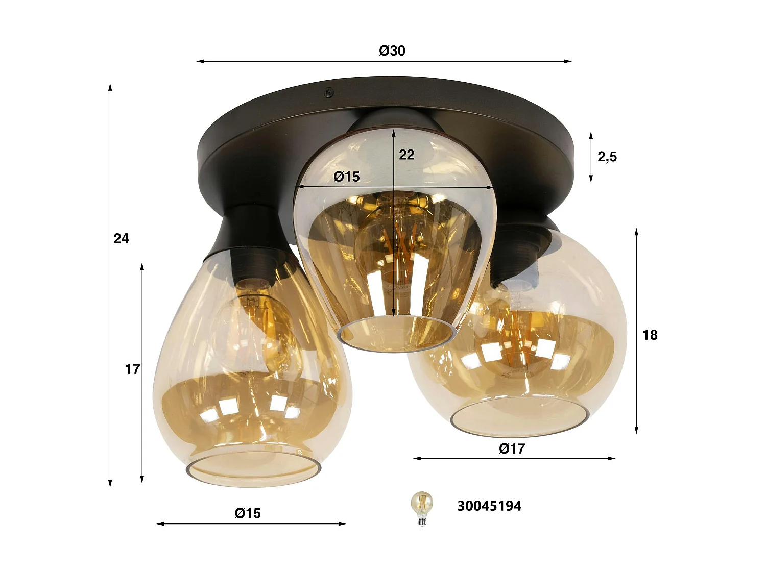 Plafonnier verre ambré métal bronze 3 lampes NOVA