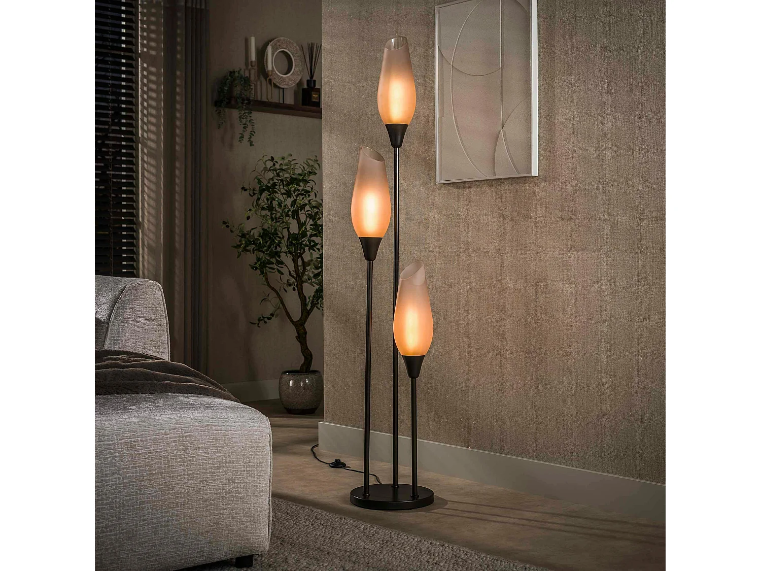 Lampadaire verre dépoli métal 3 abat-jour NIAGARA