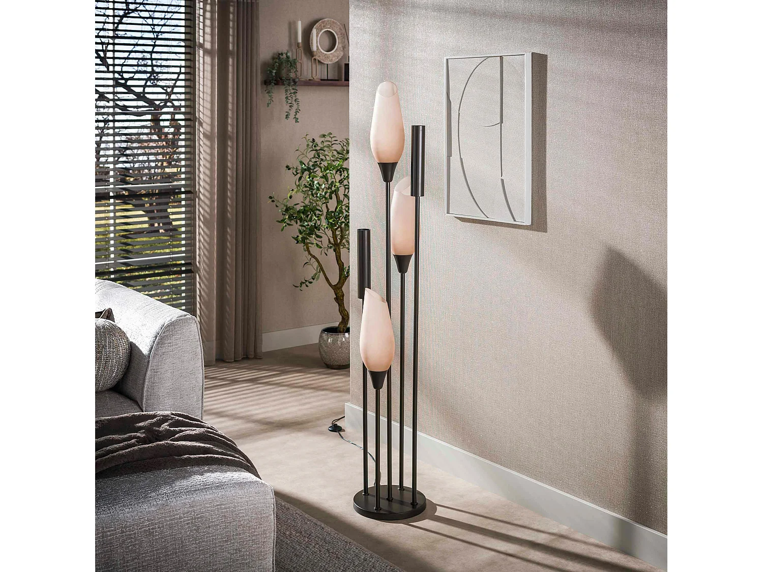 Lampadaire salon verre dépoli brun et métal bronze 5 lampes NIAGARA