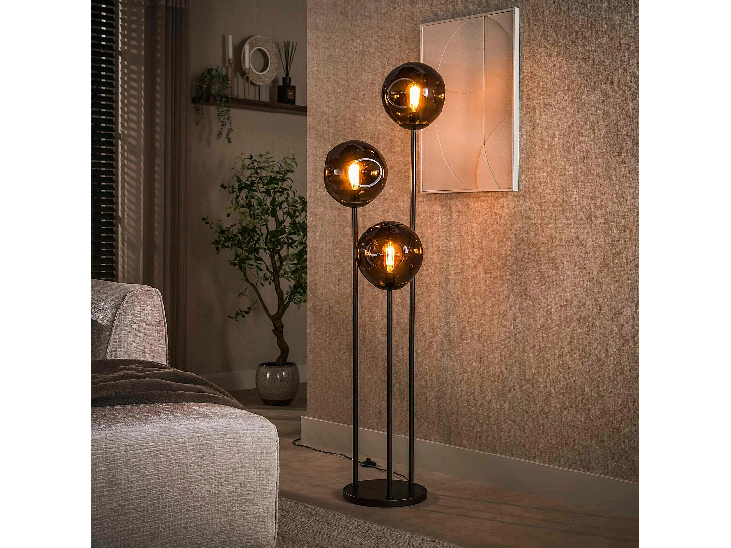 Lampadaire vintage verre brun 3 globes sur tige bronze NIAGARA