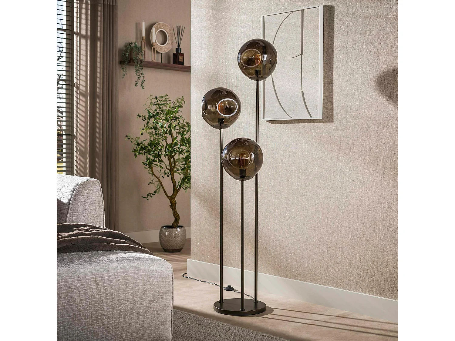 Lampadaire vintage verre brun 3 globes sur tige bronze NIAGARA