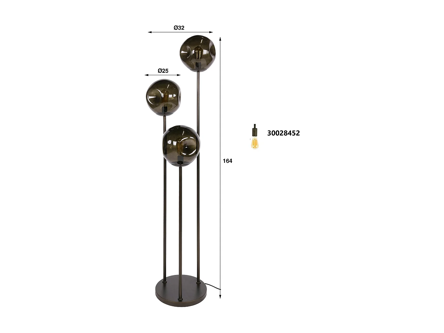 Lampadaire vintage verre brun 3 globes sur tige bronze NIAGARA