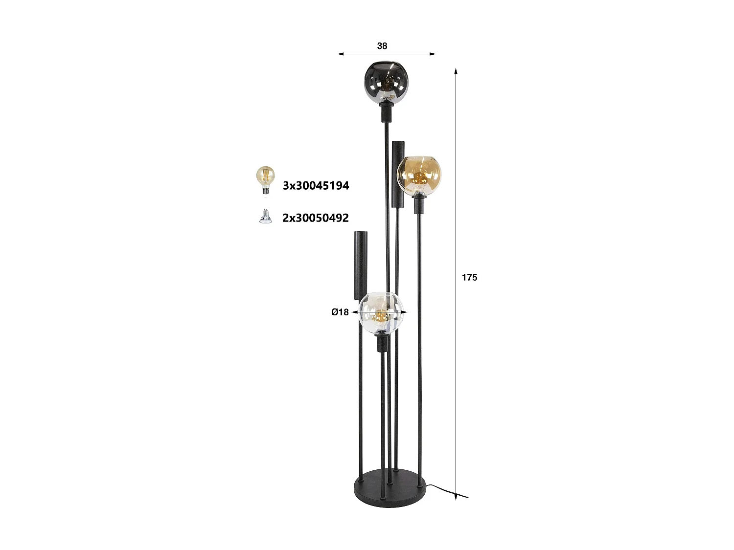 Lampadaire salon moderne 3 globes verre tricolore NOVA