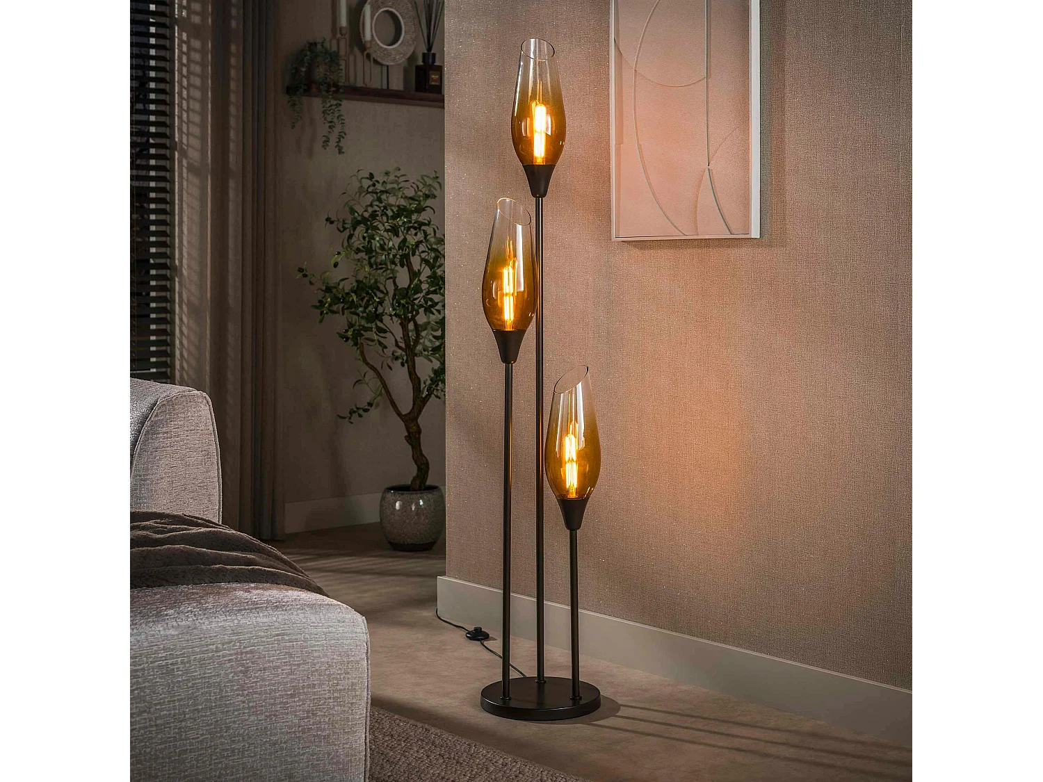 Lampadaire verre fumé métal 3 abat-jour NIAGARA