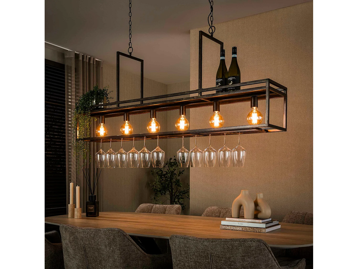 Suspension îlot cuisine métal brun avec support verres à pied 6 lampes RALF