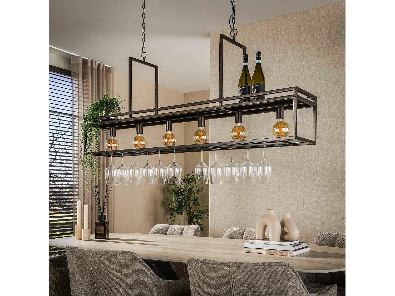 Suspension îlot cuisine métal brun avec support verres à pied 6 lampes RALF