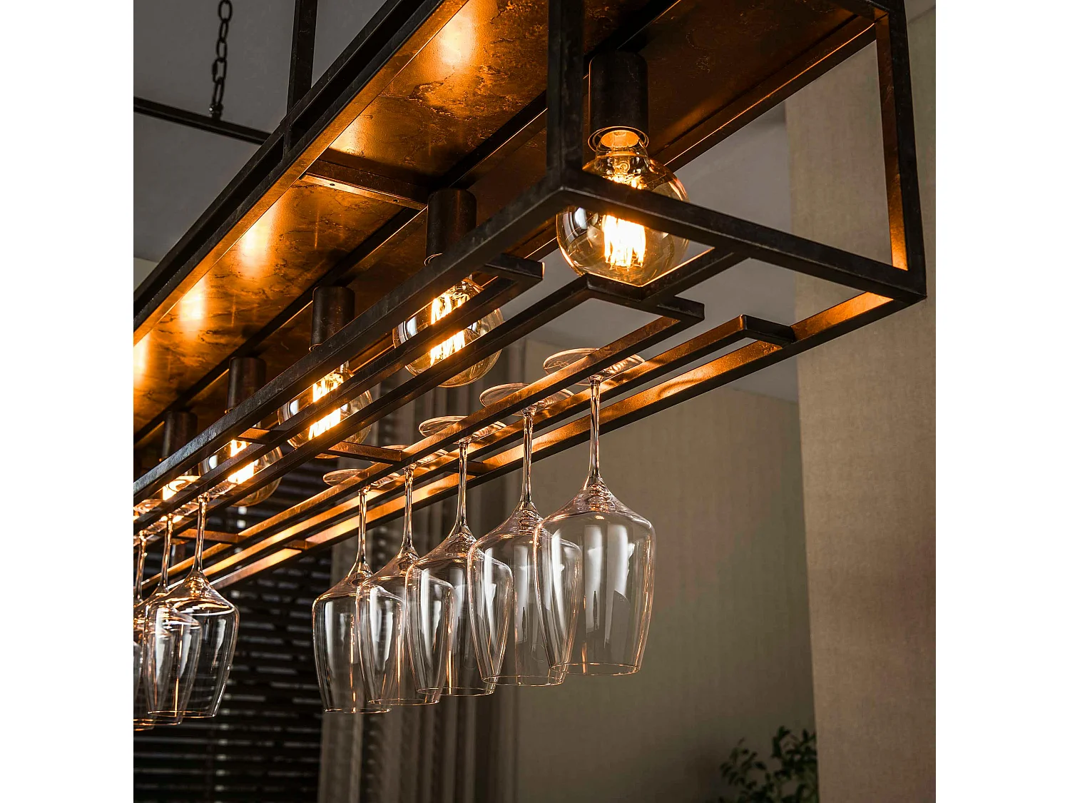 Suspension îlot cuisine métal brun avec support verres à pied 6 lampes RALF